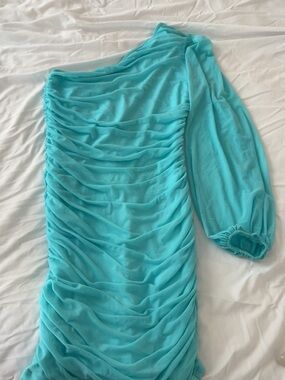 Turquoise One-Shoulder Ruched Dress
